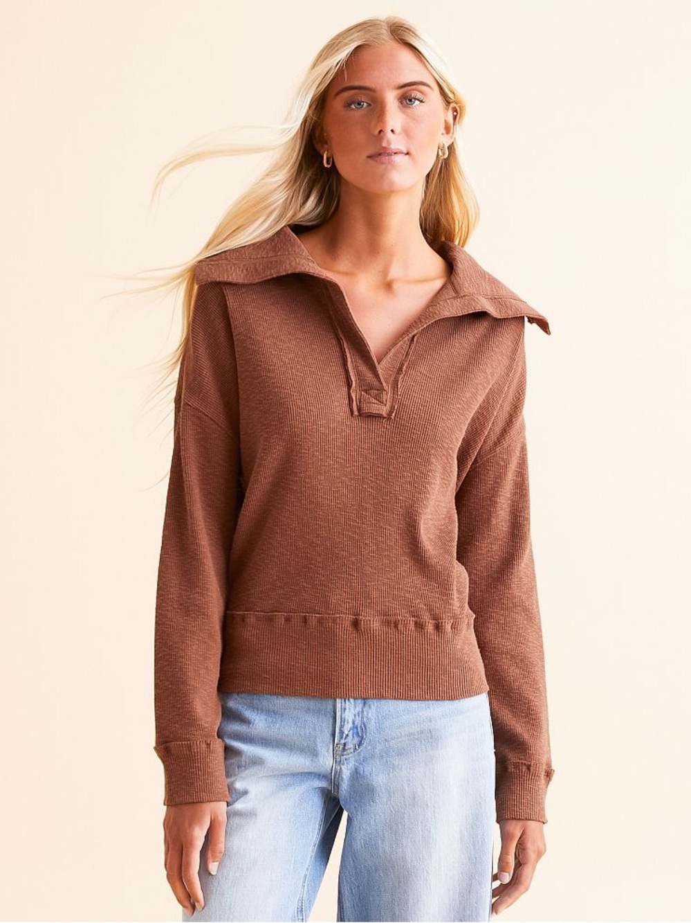 BKE Ribbed Slub Knit Pullover Women’s M Root Beer Cropped Collared Sweater